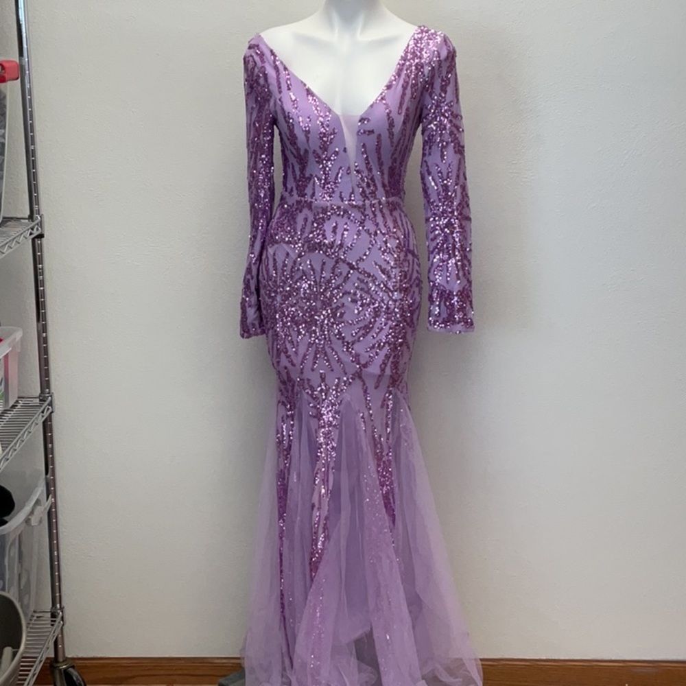 Elegant Long Sleeve Lavender Sequin Mermaid Dress